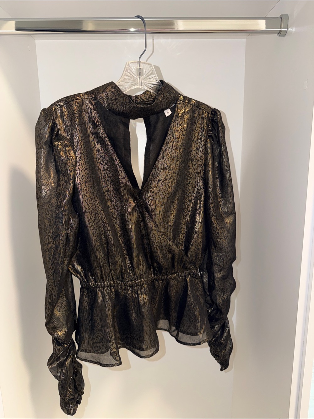 Walter baker Metallic Black Peplum V-Neck Blouse with Mock Collar